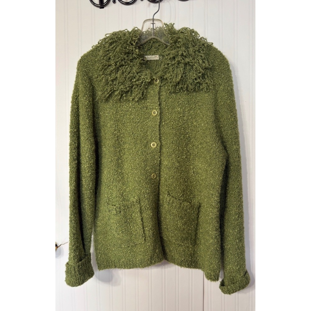 Chalet‎ Moss Green Boucle Wool Blend Shaggy Fringe Collar Cardigan Sweater Large